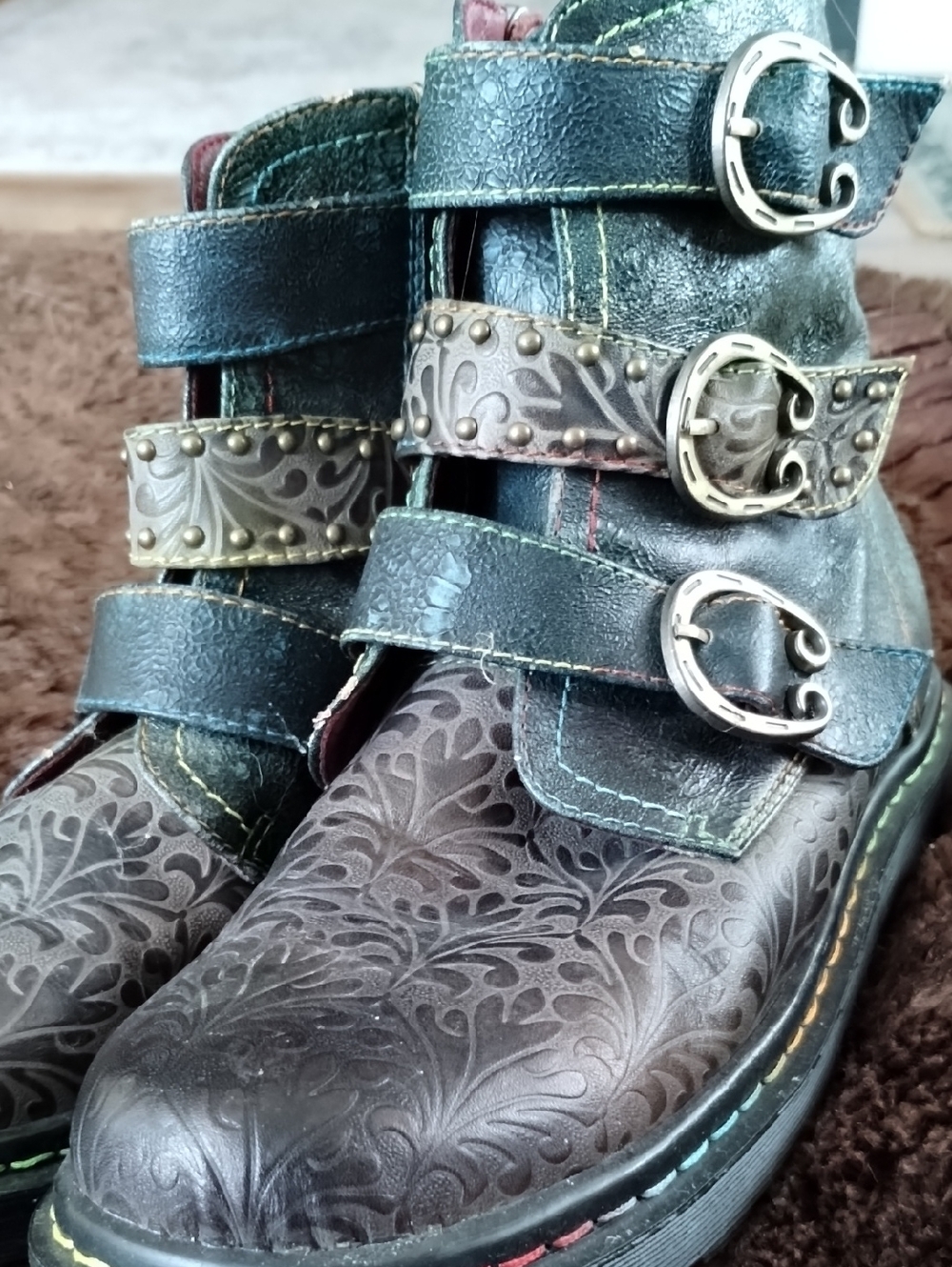 L'ATISTE Blue/Brown/Green Embossed Floral Ankle Booties  Buckle Straps Size 7